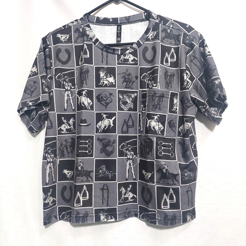 Two Two Fly Womens S/M Rodeo Tee Blouse Checkered Weatern Short Sleeves